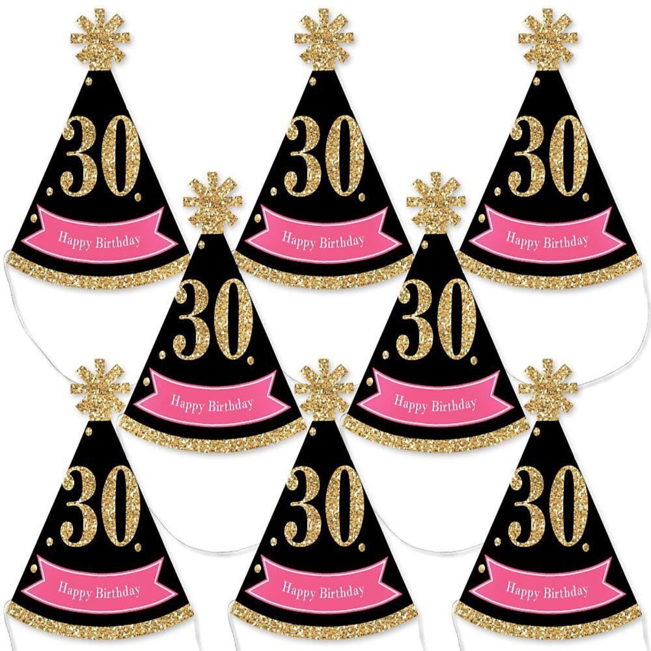 Big Dot of Happiness Chic 30th Birthday - Pink, Black and Gold - Mini Cone Birthday Party Hats - Small Little Party Hats - Set of 8